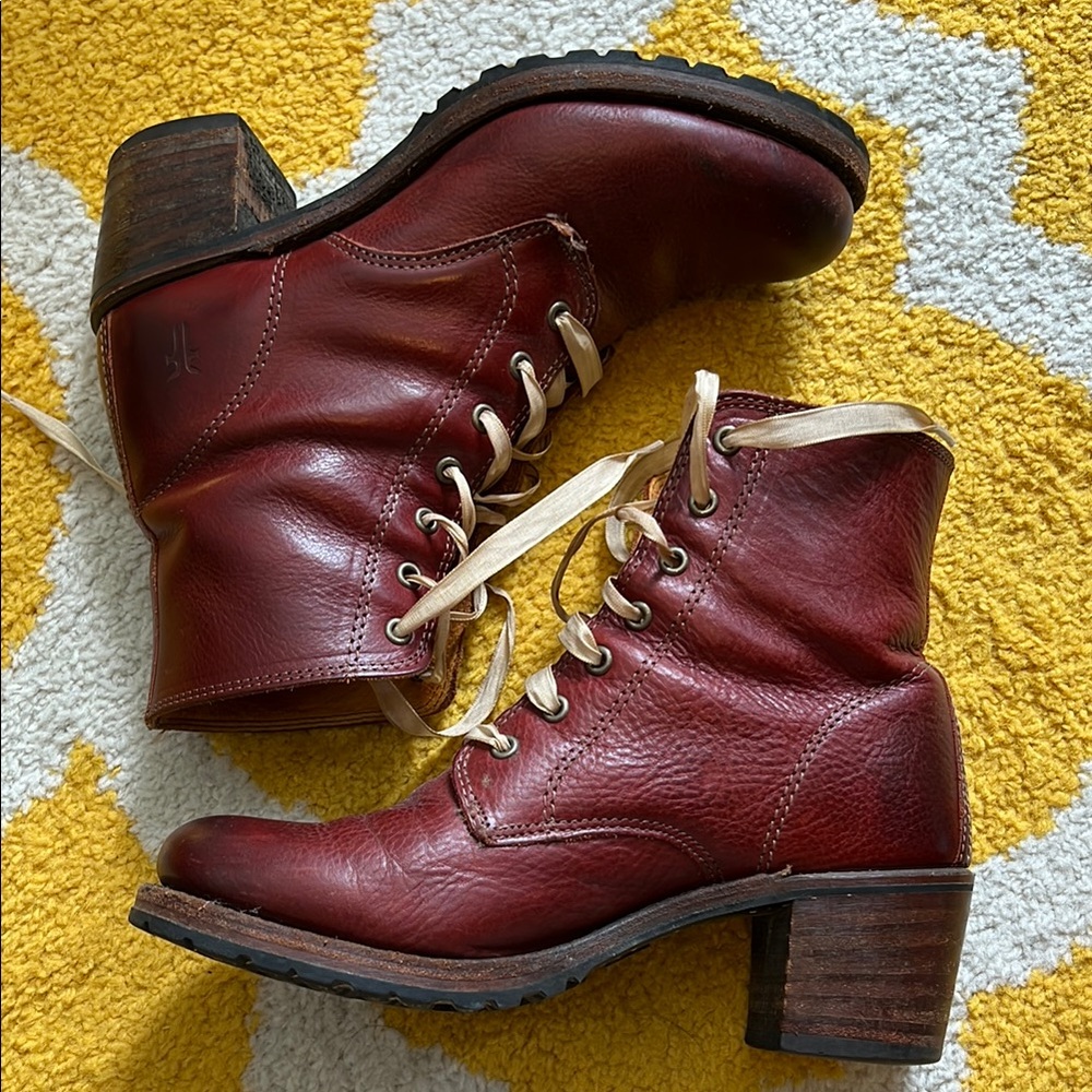 Frye Burgundy Lace-Up Leather Ankle Boots - Picture 2 of 5